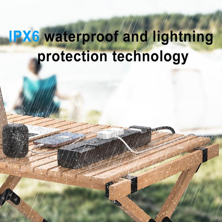 A waterproof surge protector is designed for outdoor use, is ideal for camping and BBQs, and protects electrical devices in wet conditions.