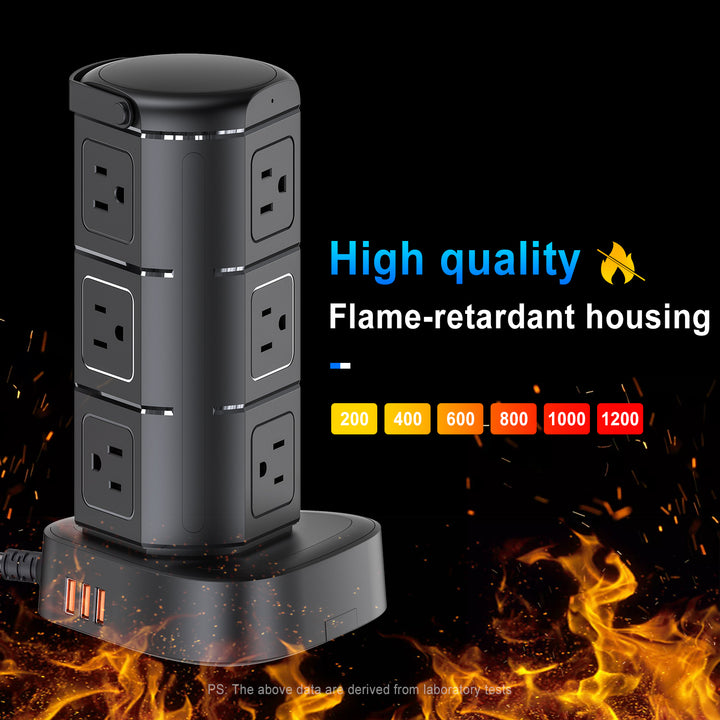 Heat-retardant power strip tower with surge protection, designed to safeguard devices while withstanding high temperatures.