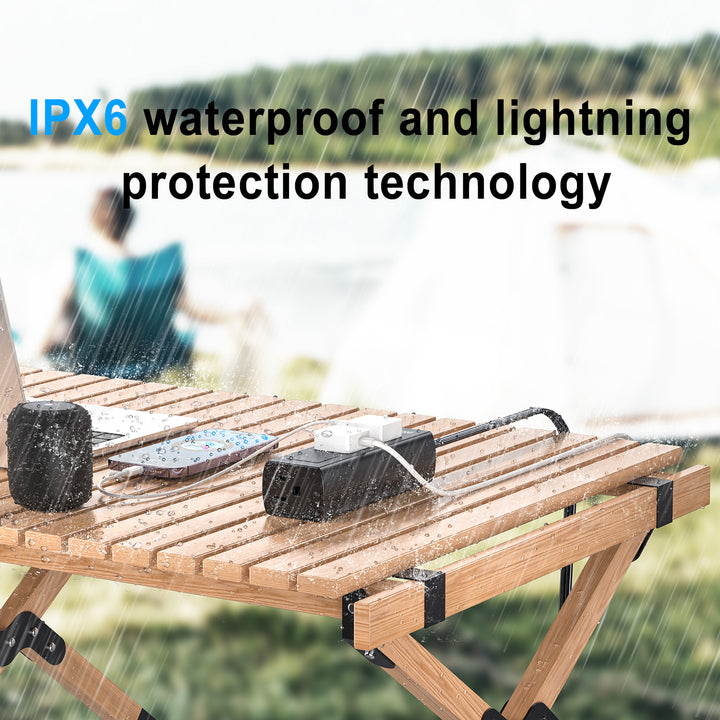 Waterproof power strip with IPX6 rating for outdoor use