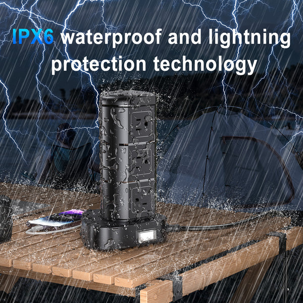 Waterproof power strip tower with multiple outlets, designed for safe and convenient electrical access in wet or outdoor environments.